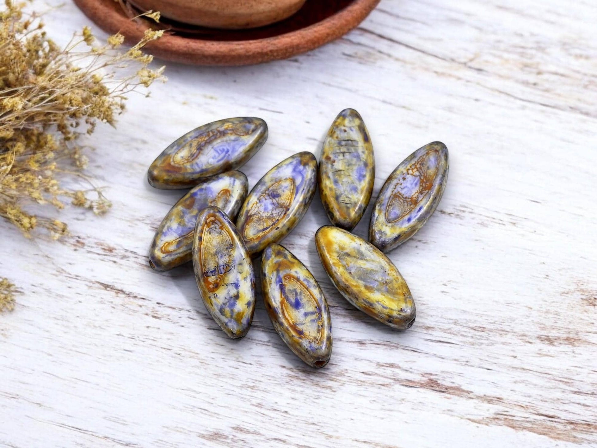 Czech Glass Beads - Picasso Beads - Spindle Beads - Marquise Beads - 18x7mm - 8pcs - (3146)