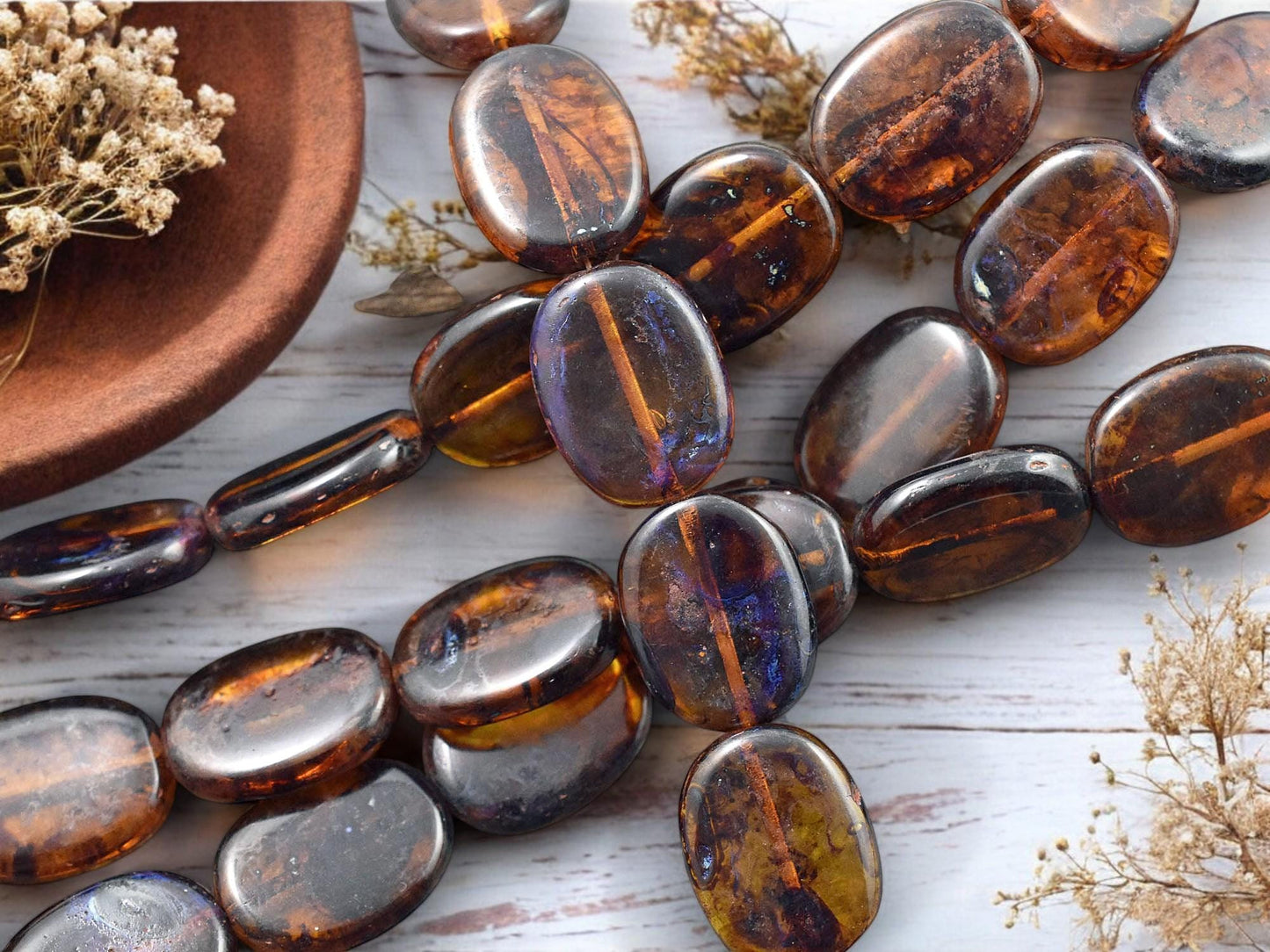 *10* 19x14mm Root Beer Topaz Picasso Flat Oval Beads