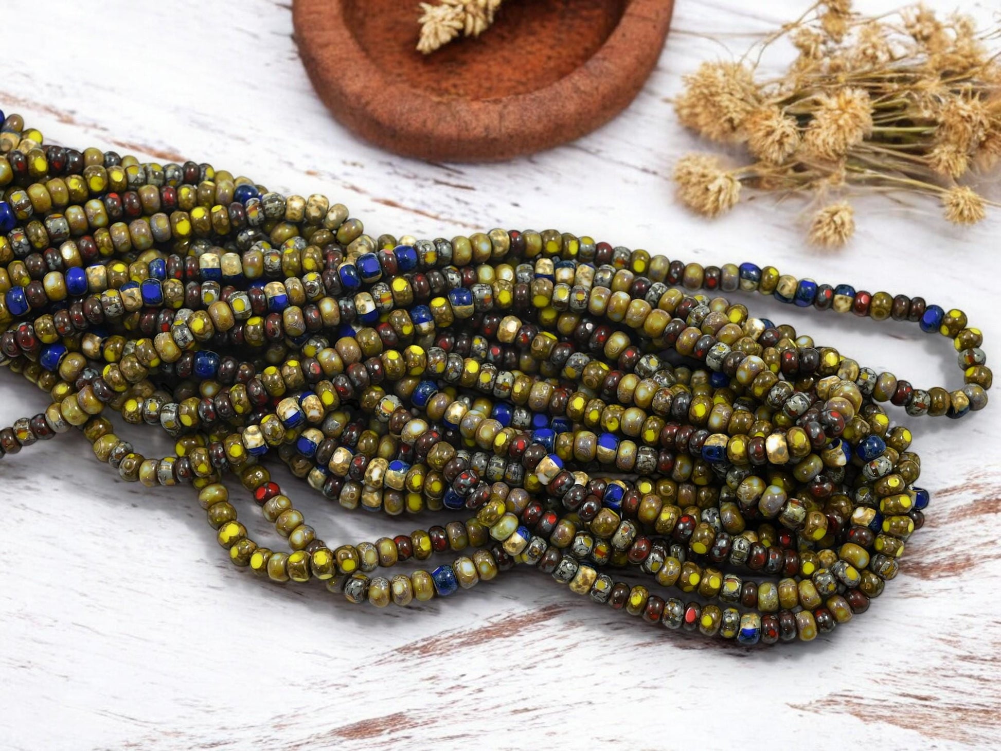 Picasso Seed Beads - Aged Picasso Beads - Czech Glass Beads - Trica Beads - Size 6 Seed Beads - 6/0 - 20" Strand - (5467)