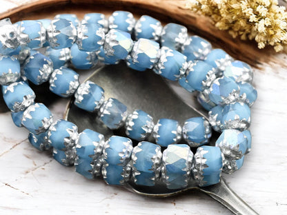 *20* 6mm Silver Washed Sky Blue AB Fire Polished Cathedral Beads
