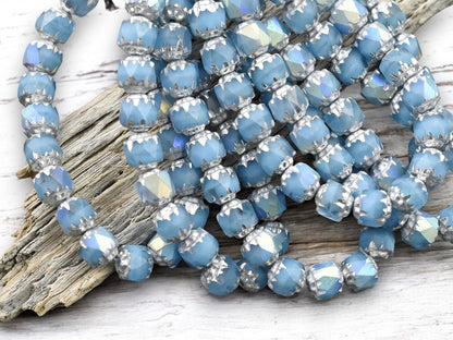*20* 6mm Silver Washed Sky Blue AB Fire Polished Cathedral Beads