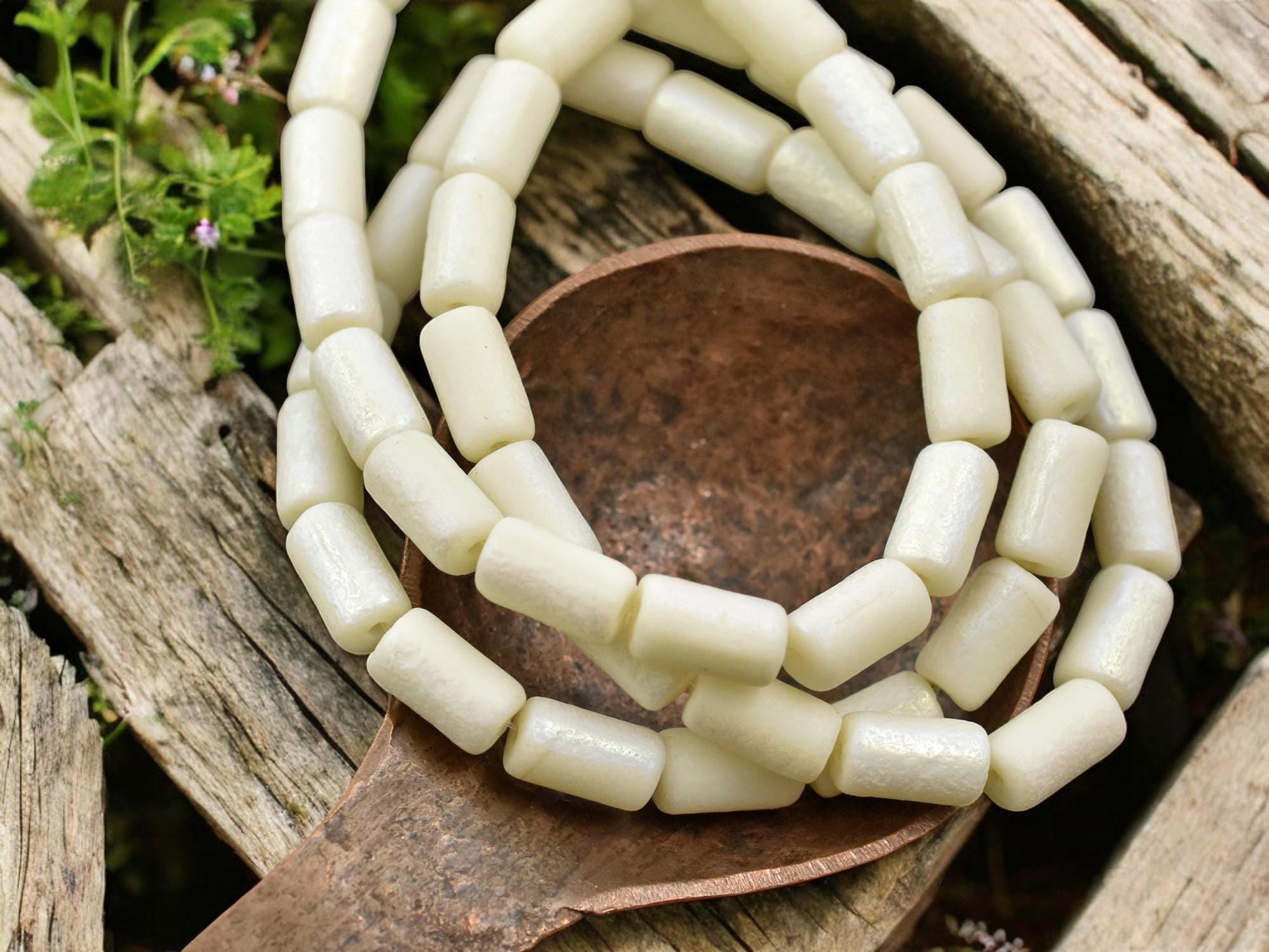 *16* 9x5mm Etched Ivory AB Luster Tube Beads