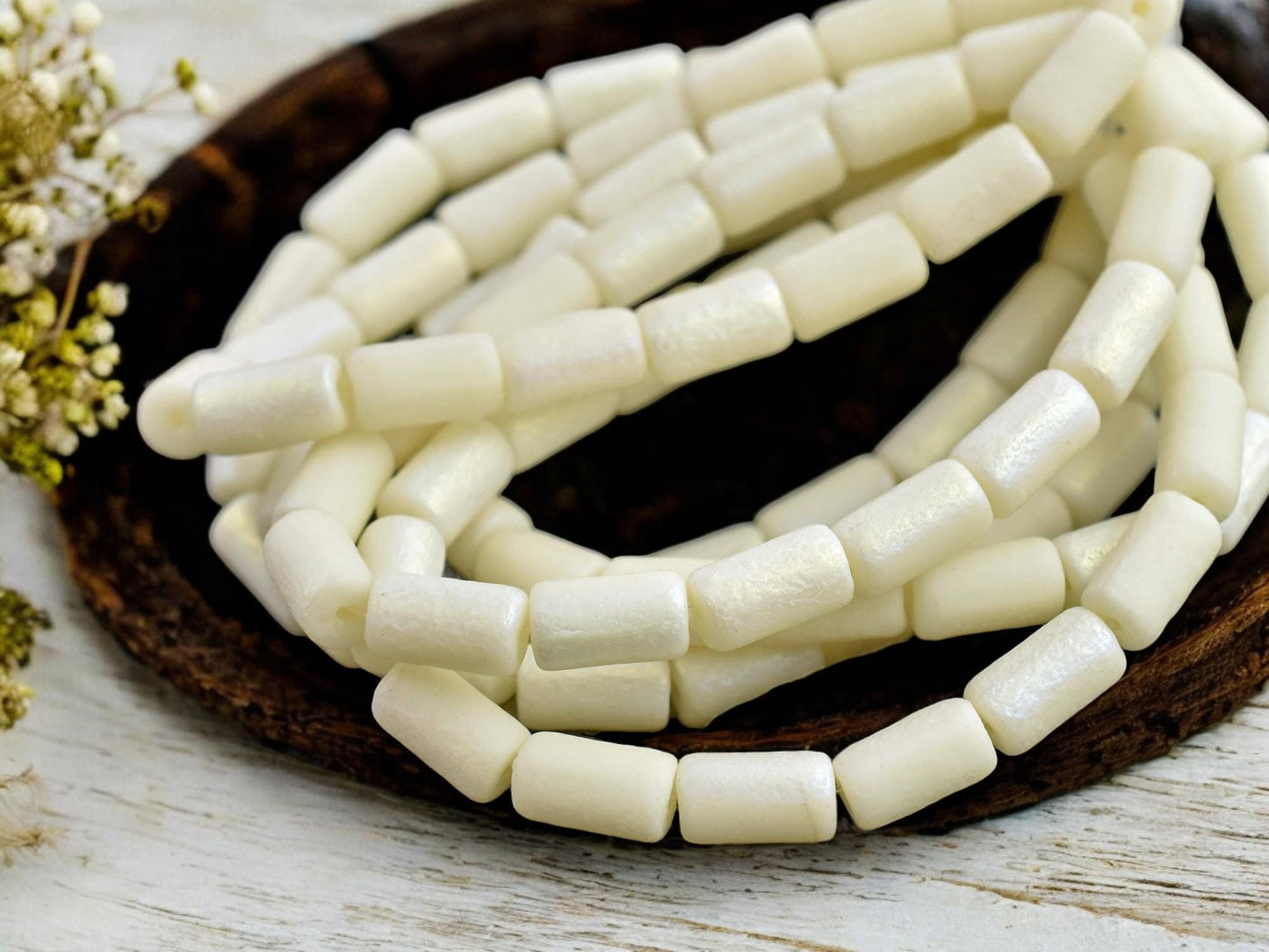 *16* 9x5mm Etched Ivory AB Luster Tube Beads