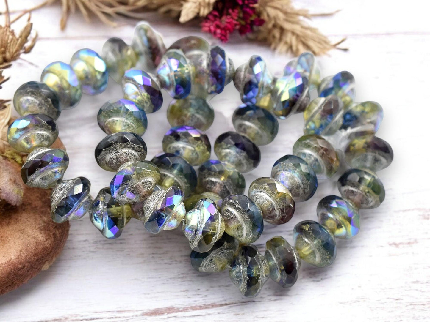 *15* 6x8mm Antique Silver Washed AB Washed Blended Saphire Amethyst Saturn Beads