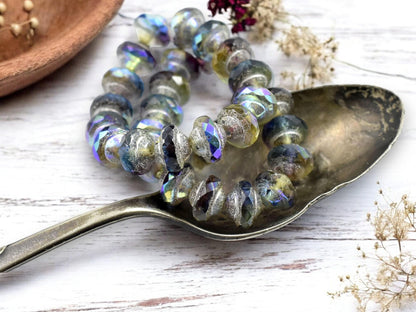 *15* 6x8mm Antique Silver Washed AB Washed Blended Saphire Amethyst Saturn Beads