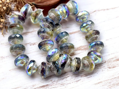 *15* 6x8mm Antique Silver Washed AB Washed Blended Saphire Amethyst Saturn Beads