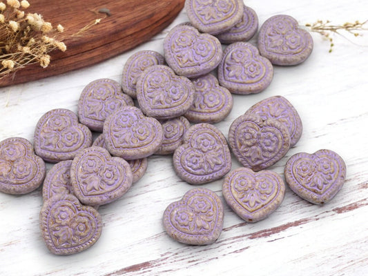 Heart Beads - Czech Glass Beads - Floral Heart Beads - Purple Beads - 17mm - 6pcs - (B248)