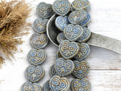 Heart Beads - Czech Glass Beads - Floral Heart Beads - Blue Beads - 17mm - 6pcs - (491)