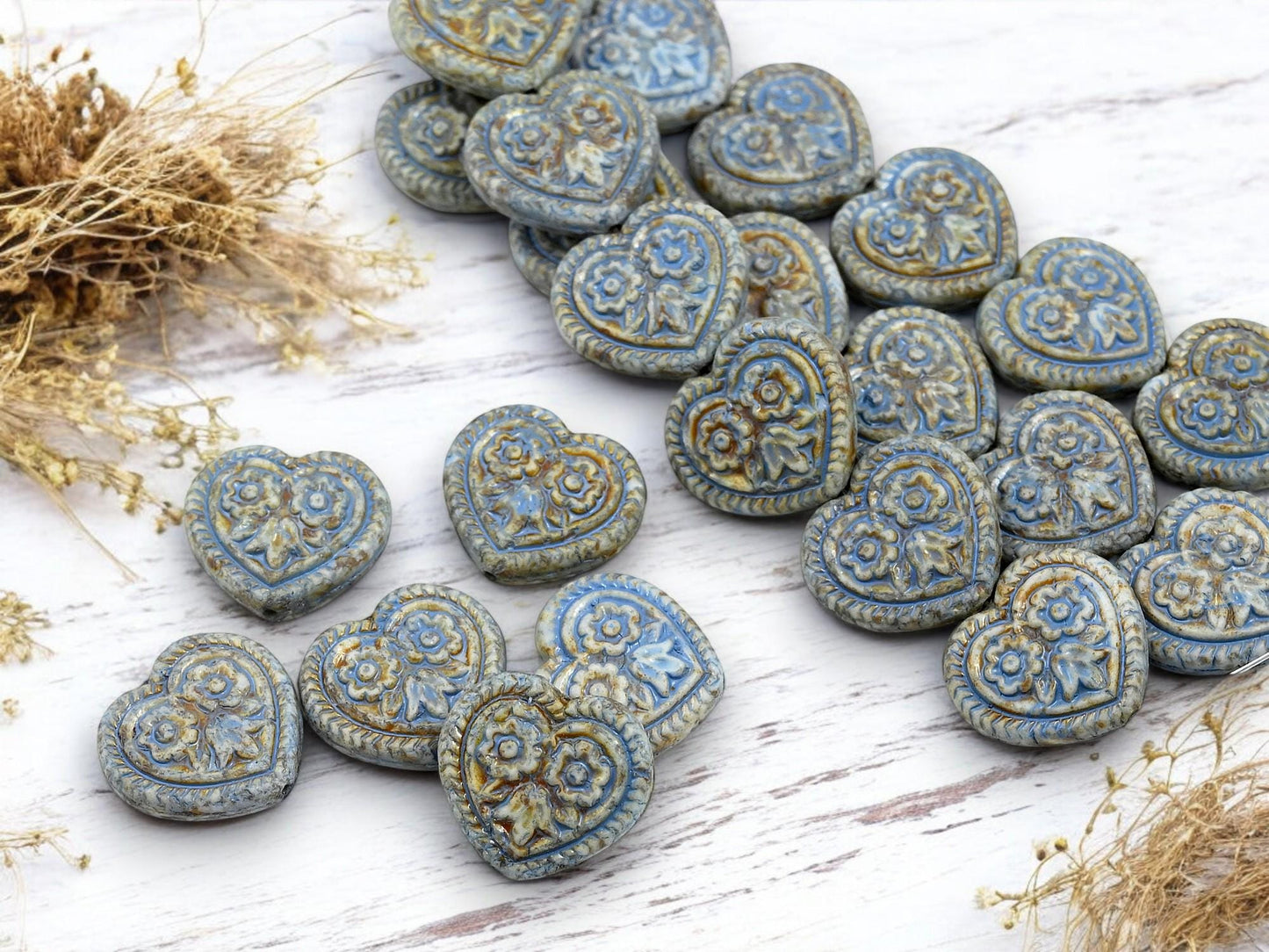 Heart Beads - Czech Glass Beads - Floral Heart Beads - Blue Beads - 17mm - 6pcs - (491)
