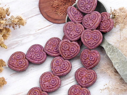 Heart Beads - Czech Glass Beads - Floral Heart Beads - Purple Beads - 17mm - 6pcs - (B155)