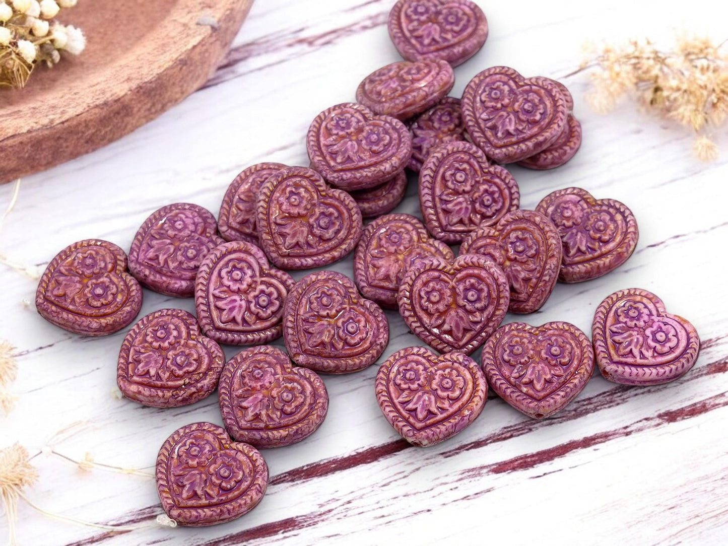 Heart Beads - Czech Glass Beads - Floral Heart Beads - Purple Beads - 17mm - 6pcs - (B155)