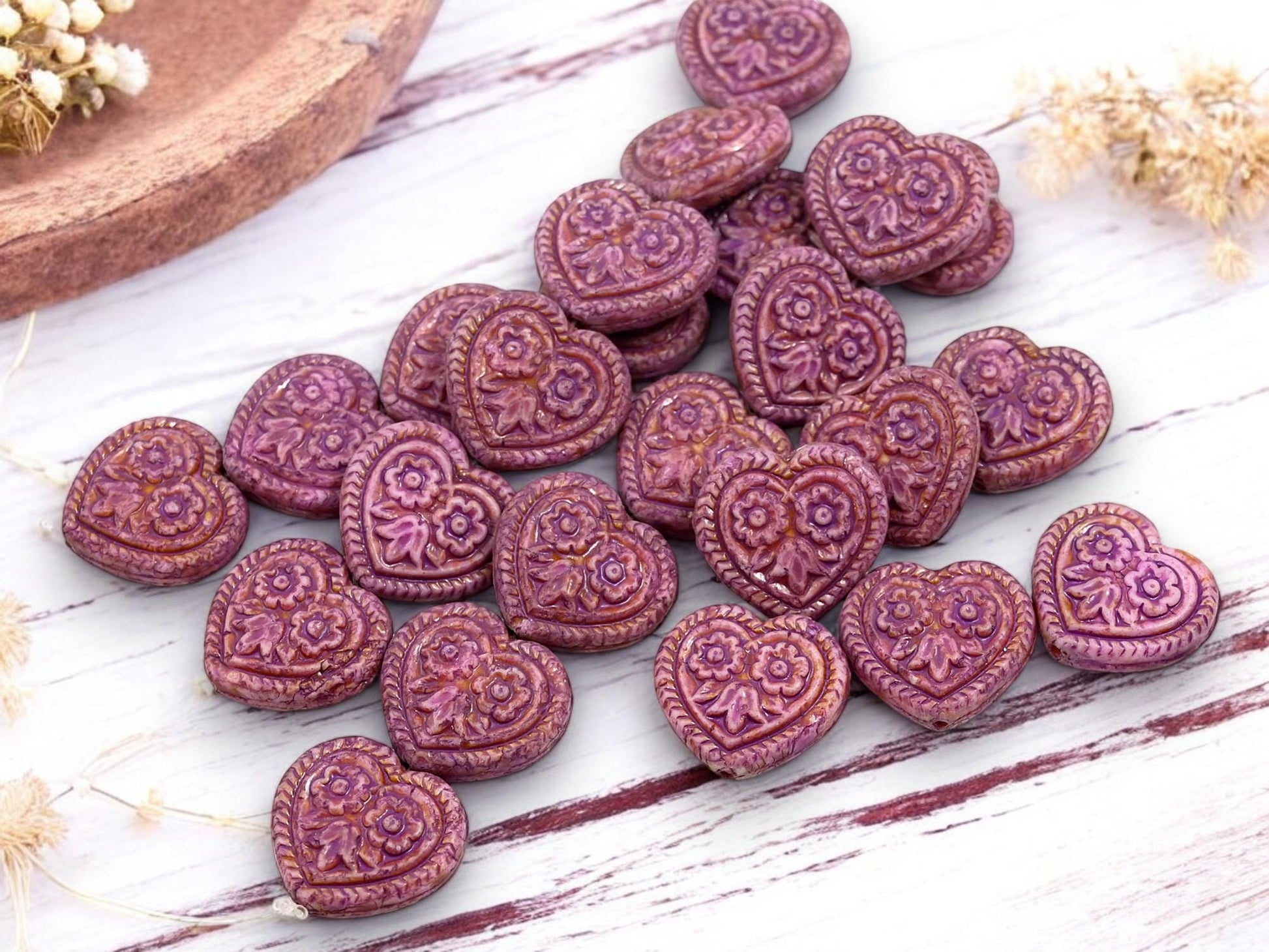 Heart Beads - Czech Glass Beads - Floral Heart Beads - Purple Beads - 17mm - 6pcs - (B155)