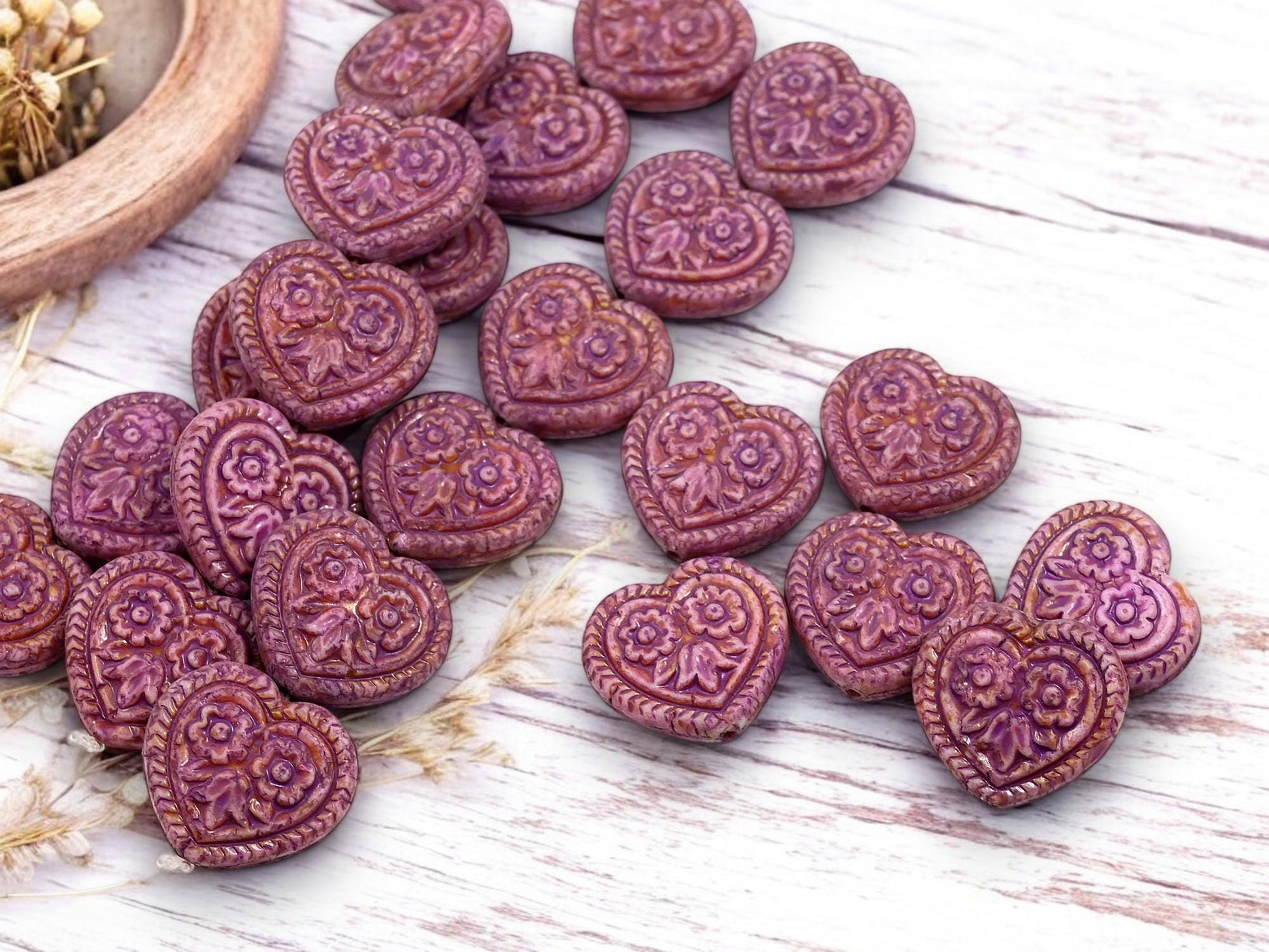 Heart Beads - Czech Glass Beads - Floral Heart Beads - Purple Beads - 17mm - 6pcs - (B155)