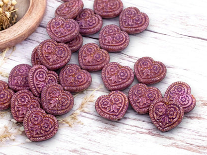 Heart Beads - Czech Glass Beads - Floral Heart Beads - Purple Beads - 17mm - 6pcs - (B155)