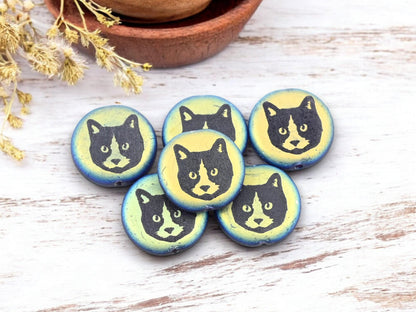 Czech Glass Beads - Cat Beads - Animal Beads - Laser Etched Beads - Laser Tattoo Beads - 17mm - 6pcs - (5734)