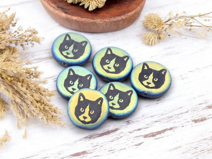 Czech Glass Beads - Cat Beads - Animal Beads - Laser Etched Beads - Laser Tattoo Beads - 17mm - 6pcs - (5734)