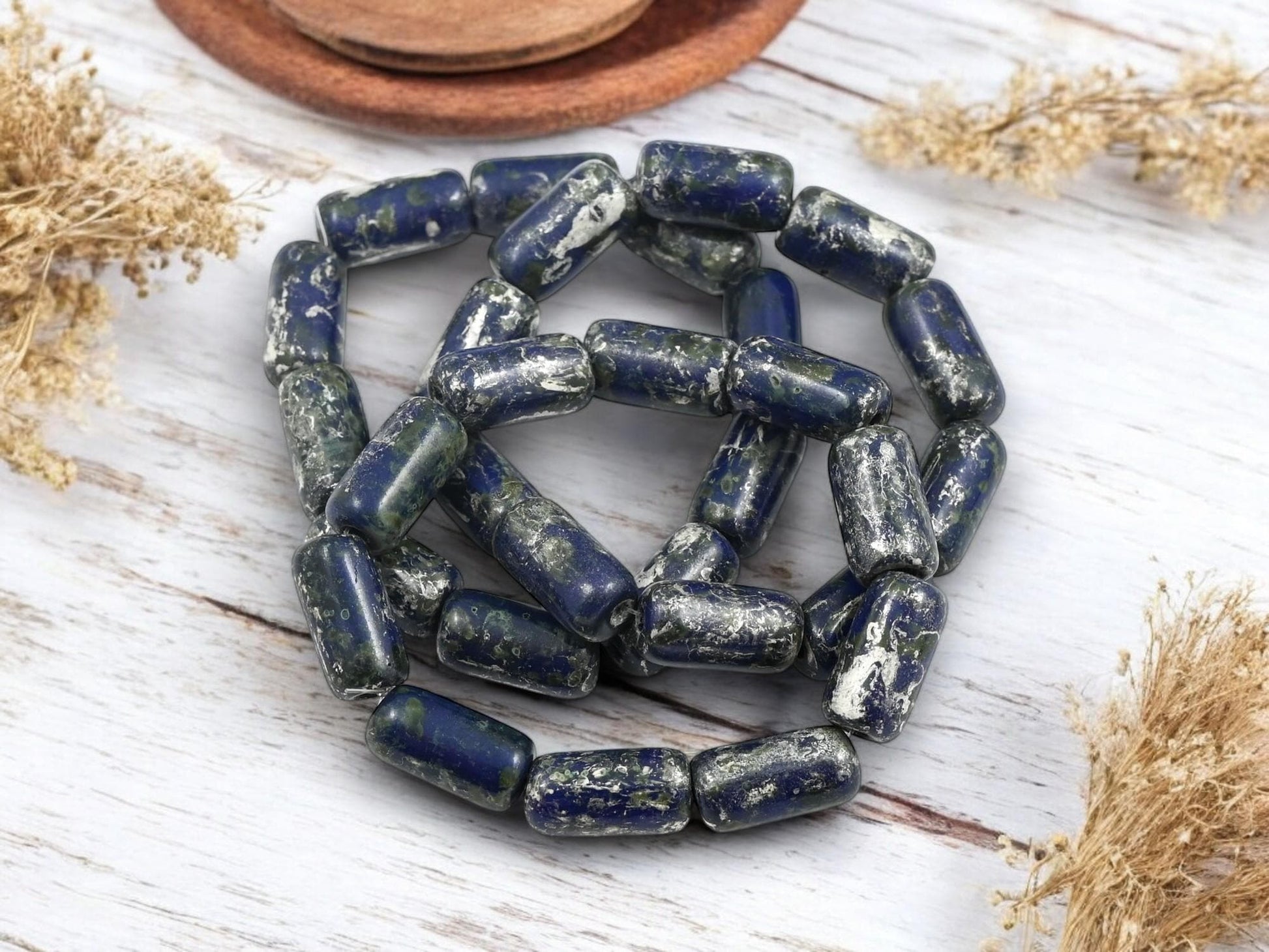 Tube Beads - Czech Glass Beads - New Czech Glass - Large Hole Beads - Etched Beads - Picasso Beads - 14x7mm - 10pcs - (1143)