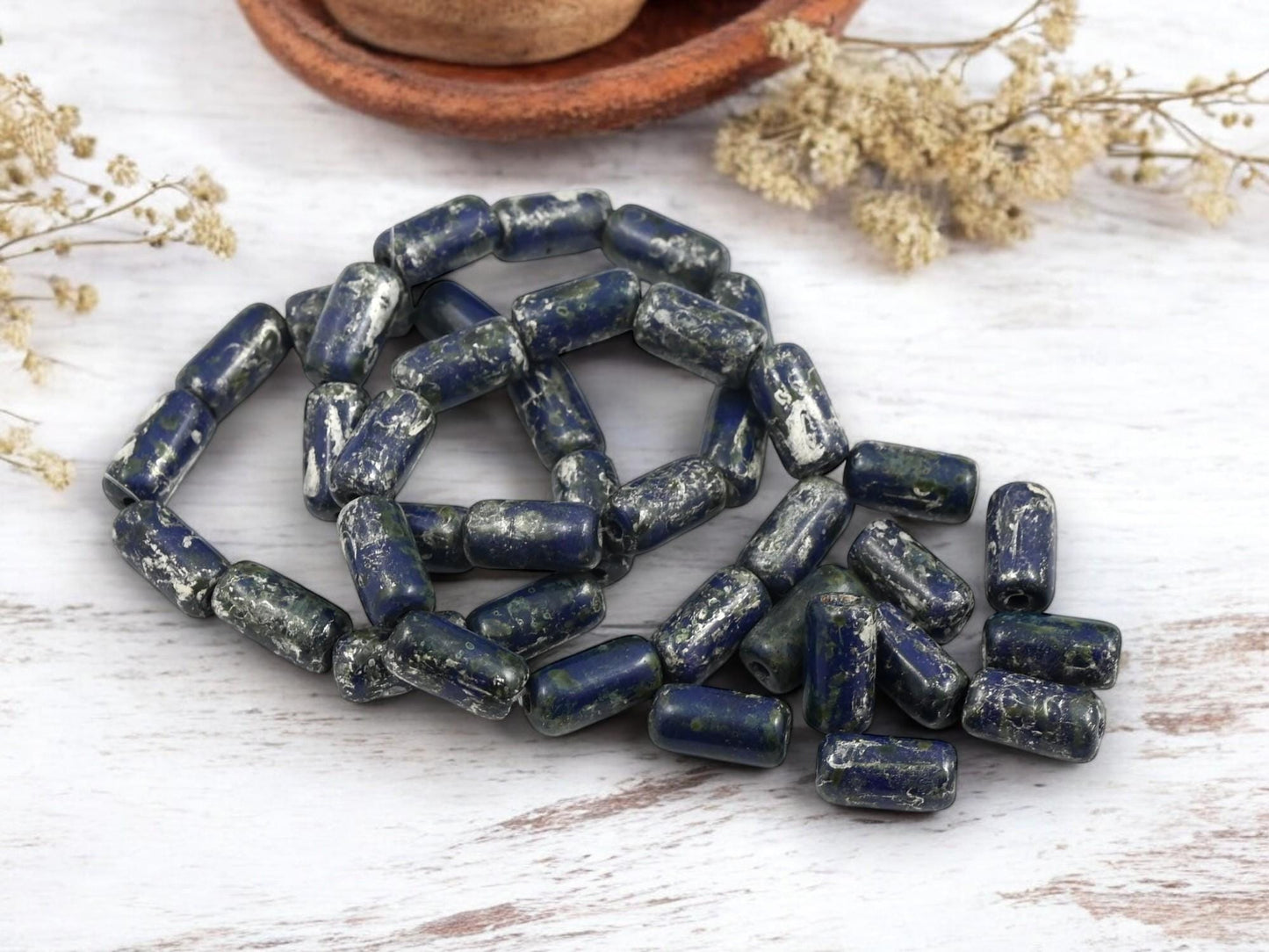 Tube Beads - Czech Glass Beads - New Czech Glass - Large Hole Beads - Etched Beads - Picasso Beads - 14x7mm - 10pcs - (1143)
