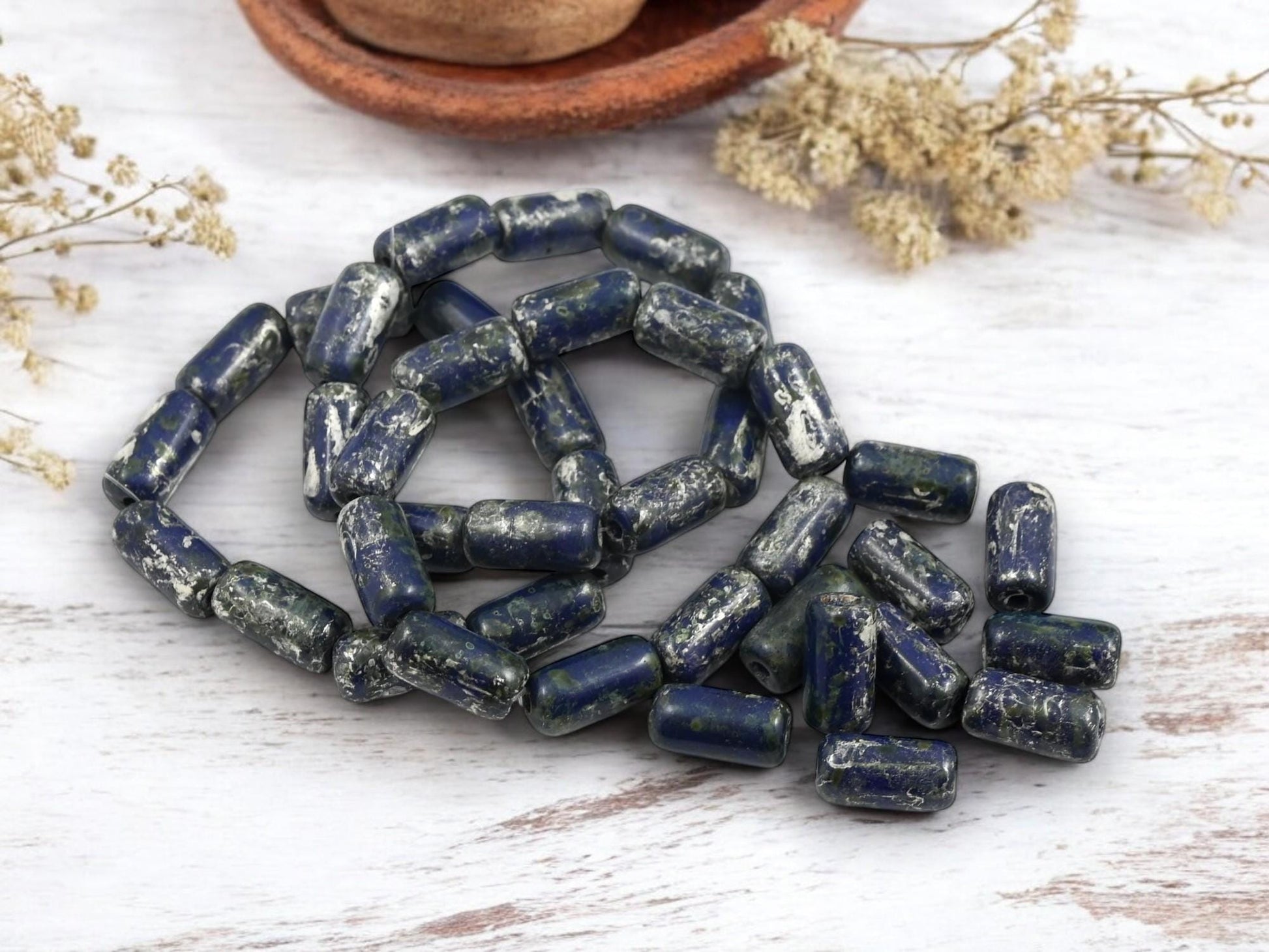 Tube Beads - Czech Glass Beads - New Czech Glass - Large Hole Beads - Etched Beads - Picasso Beads - 14x7mm - 10pcs - (1143)