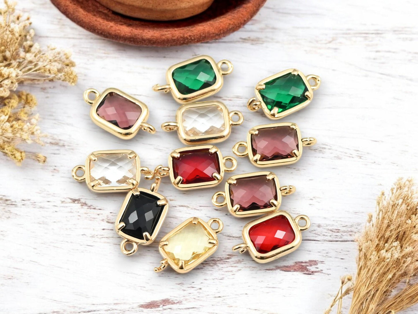 Connector Charms - Glass Connector Beads - Bezel Connectors - Gold Connectors - 10pc - 15x8mm - (3167)