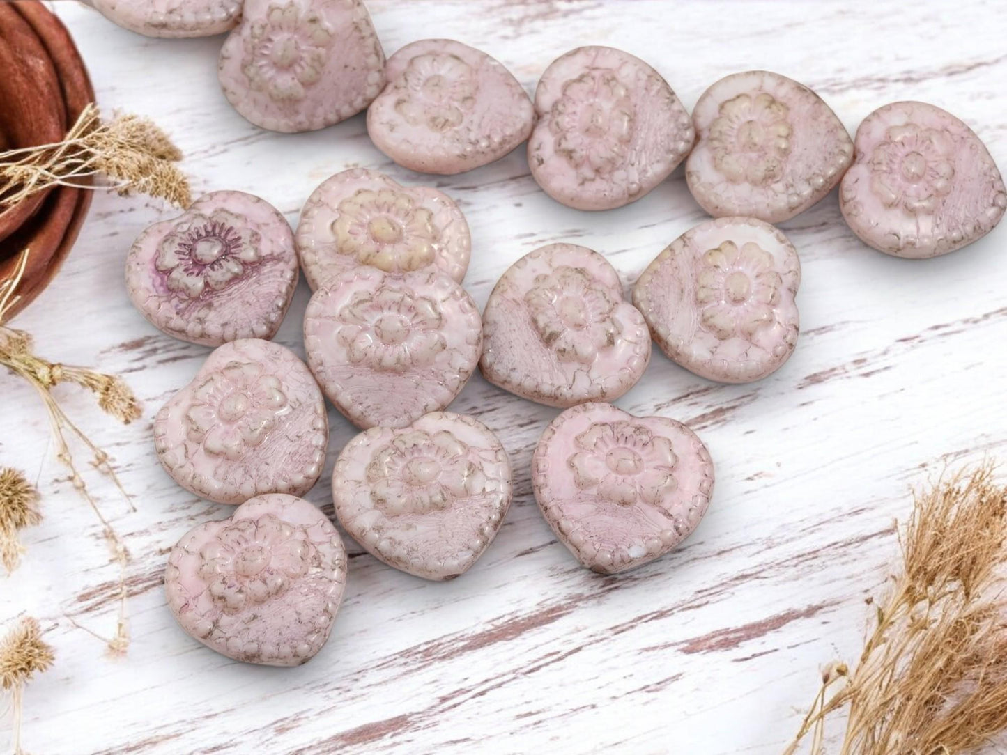 Heart Beads - Czech Glass Beads - Picasso Beads - Pink Beads - Floral Beads - 17mm - 9pcs - (2497)