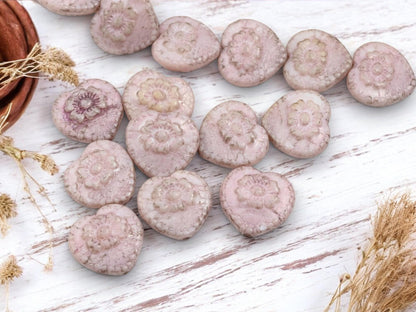 Heart Beads - Czech Glass Beads - Picasso Beads - Pink Beads - Floral Beads - 17mm - 9pcs - (2497)