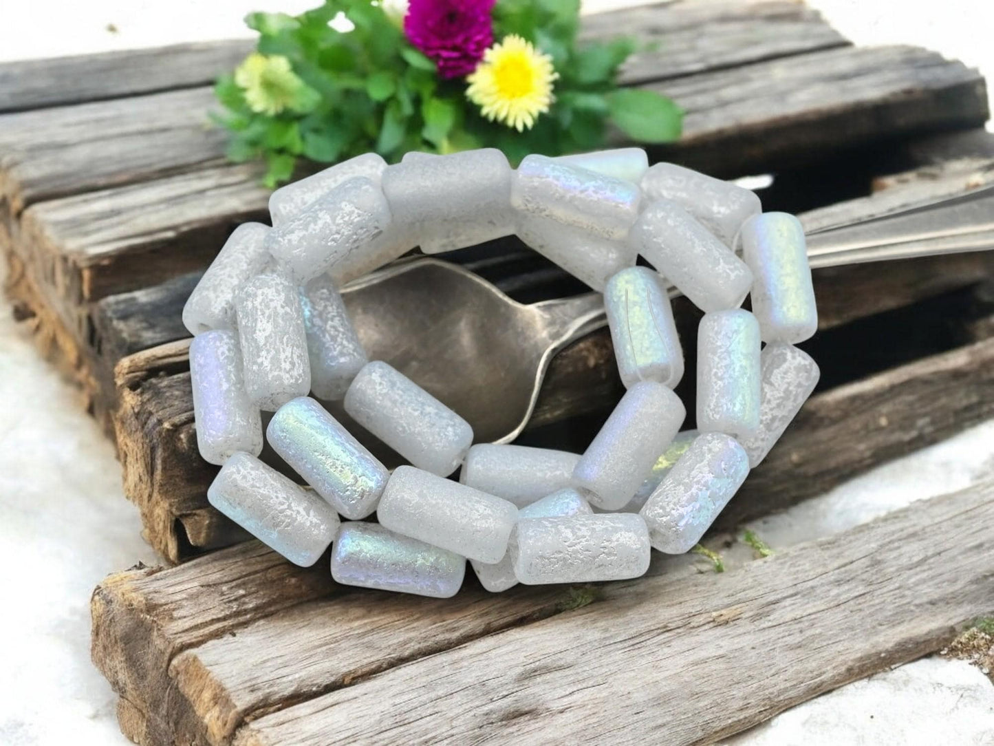 *10* 14x7mm Etched Silver AB Washed Crystal Large Hole Tube Beads