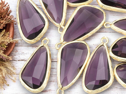 Glass Charm Pendant - Bezel Charm - Teardrop Charm - Gold Pendant - 29x14mm - 2pcs - (2252)