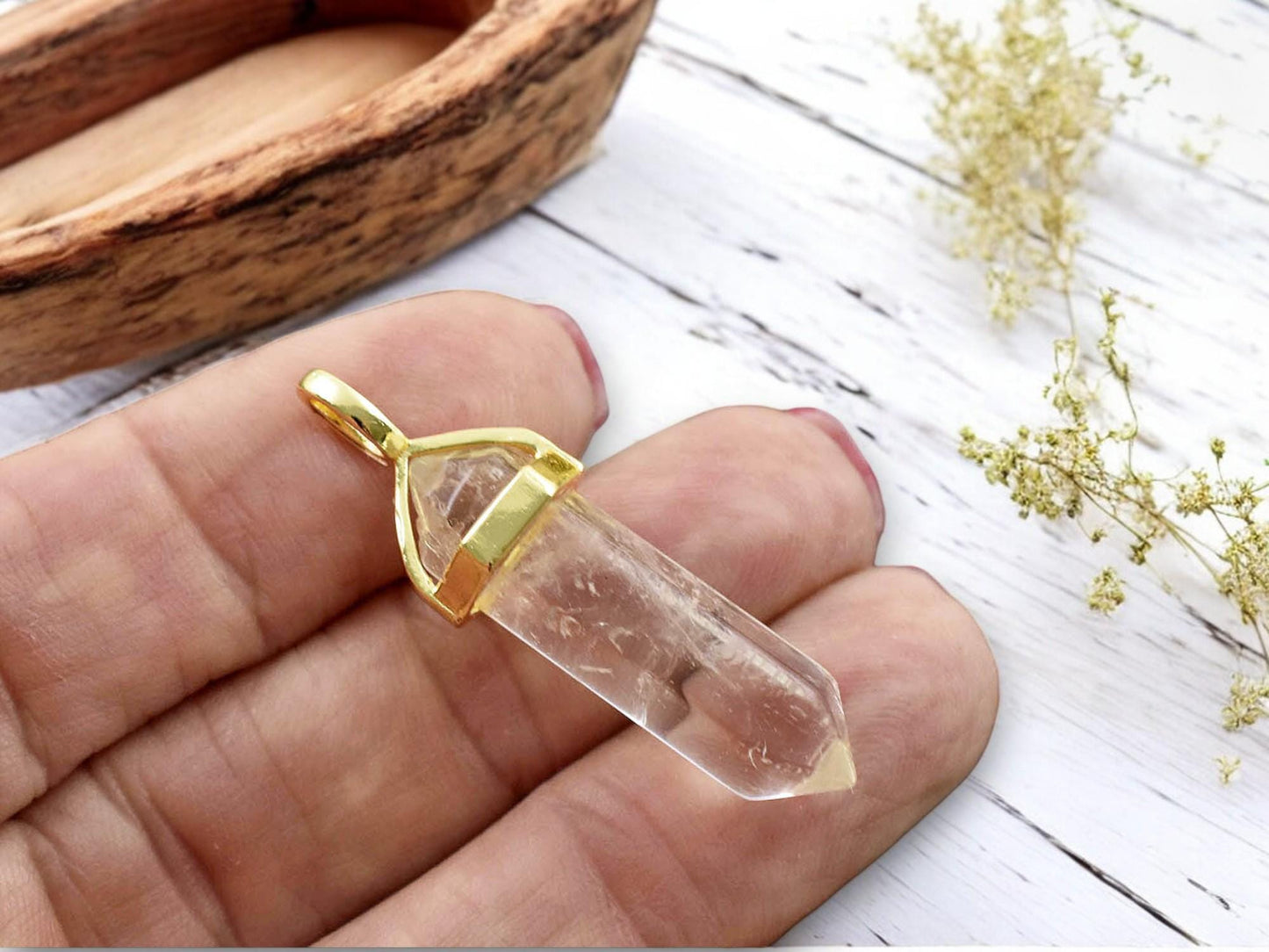 40mm Gold Tone Natural Crystal Quartz Double Terminated Bullet Pendant