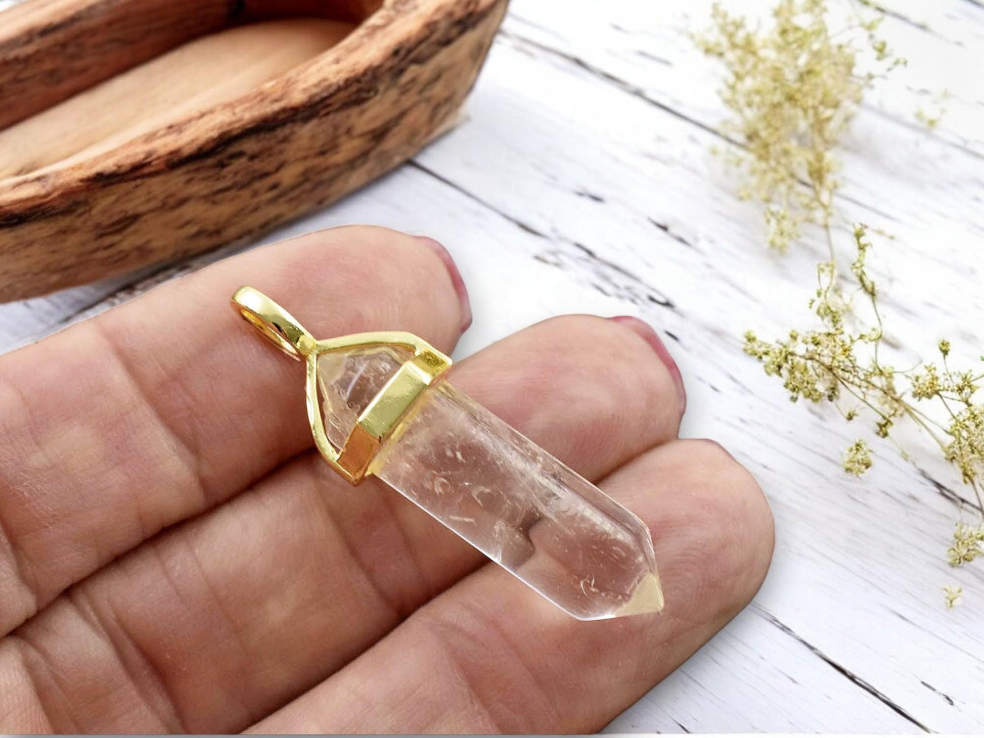 40mm Gold Tone Natural Crystal Quartz Double Terminated Bullet Pendant