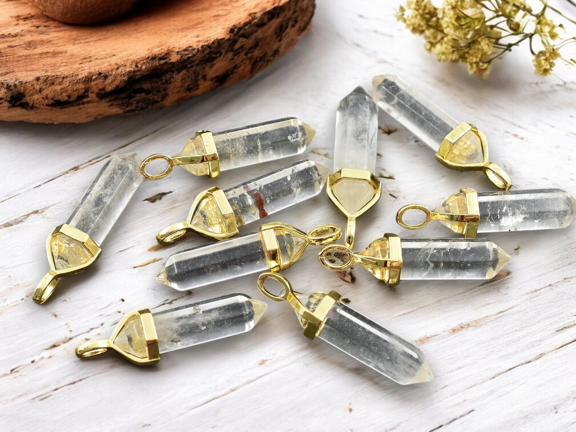 40mm Gold Tone Natural Crystal Quartz Double Terminated Bullet Pendant