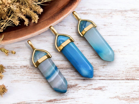 40mm Gold Tone Natural Blue Banded Agate Double Terminated Bullet Pendant