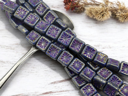 Czech Glass Beads - Picasso Beads - Square Beads - 10mm - 12pcs - (3354)