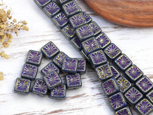 Czech Glass Beads - Picasso Beads - Square Beads - 10mm - 12pcs - (3354)