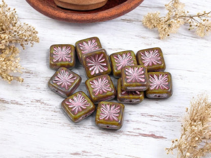 Picasso Beads - Czech Glass Beads - Starburst Square - Square Beads - 10mm - 12pcs - (178)
