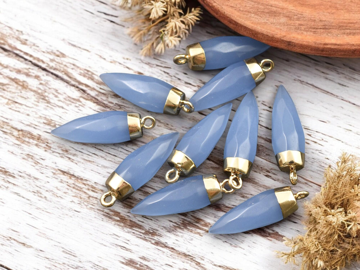 25-26mm Gold Tone Natural Dyed White Jade Pointed Bullet Pendant