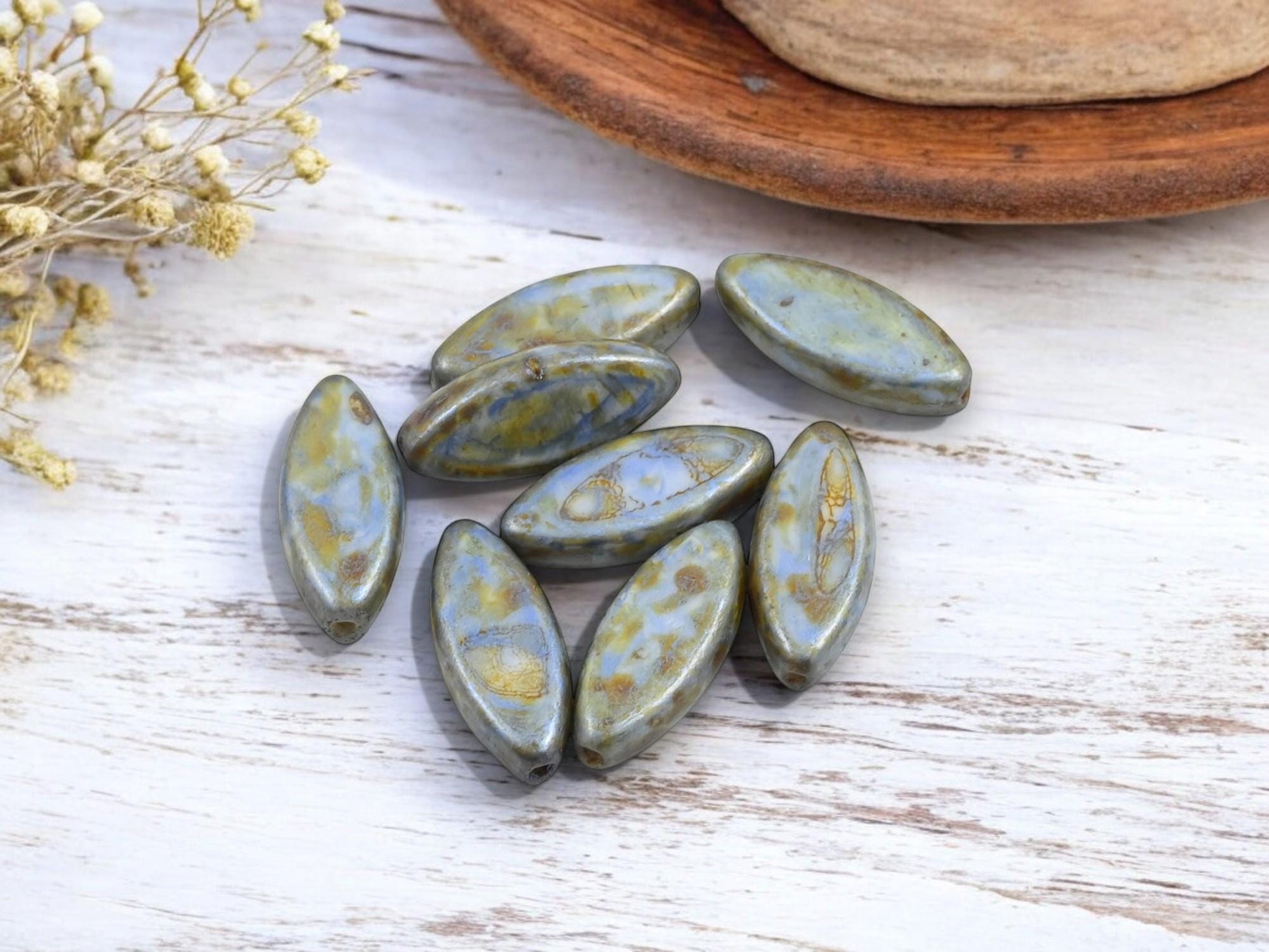 Czech Glass Beads - Picasso Beads - Spindle Beads - Marquise Beads - 18x7mm - 8pcs - (2289)