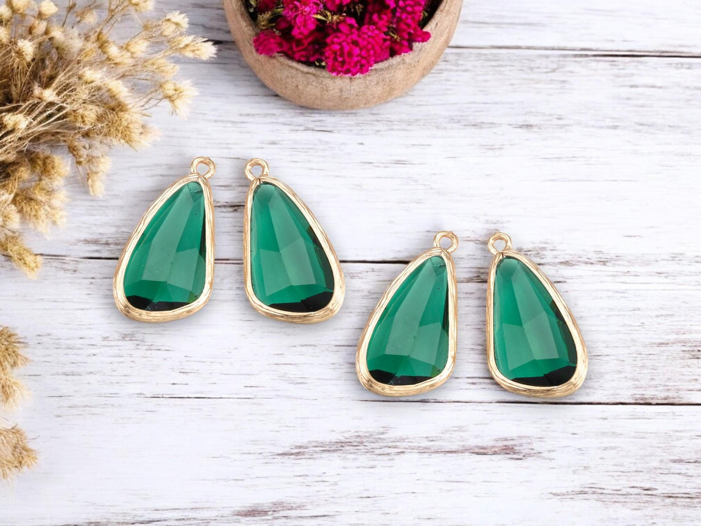 Glass Charm Pendant - Bezel Charm - Teardrop Charm - Gold Pendant - 29x14mm - 2pcs - (4979)