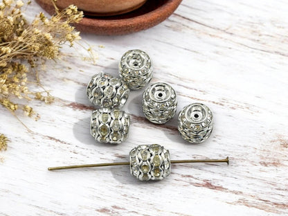 Rhinestone Beads - Pave Beads - Silver Rhinestone Beads - Stacked Barrel - 11x10mm - 10pcs - (164)