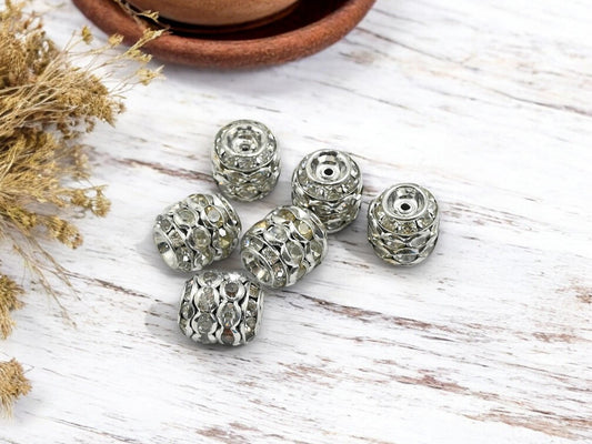Rhinestone Beads - Pave Beads - Silver Rhinestone Beads - Stacked Barrel - 11x10mm - 10pcs - (164)