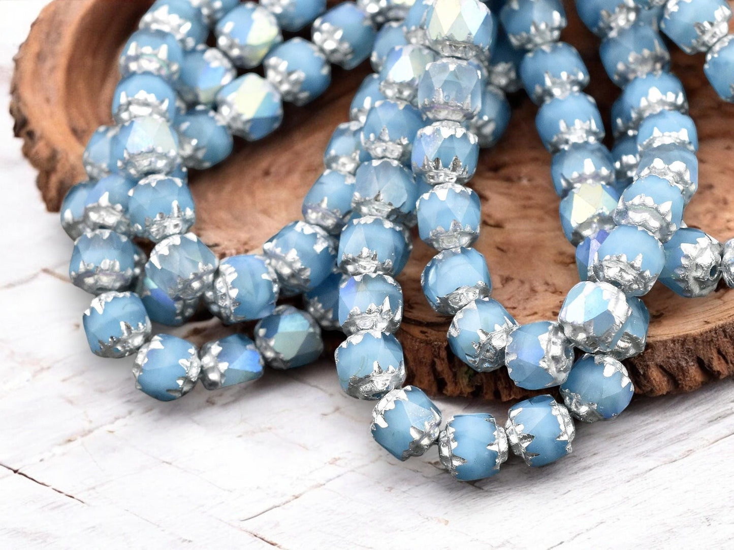 *20* 6mm Silver Washed Sky Blue AB Fire Polished Cathedral Beads