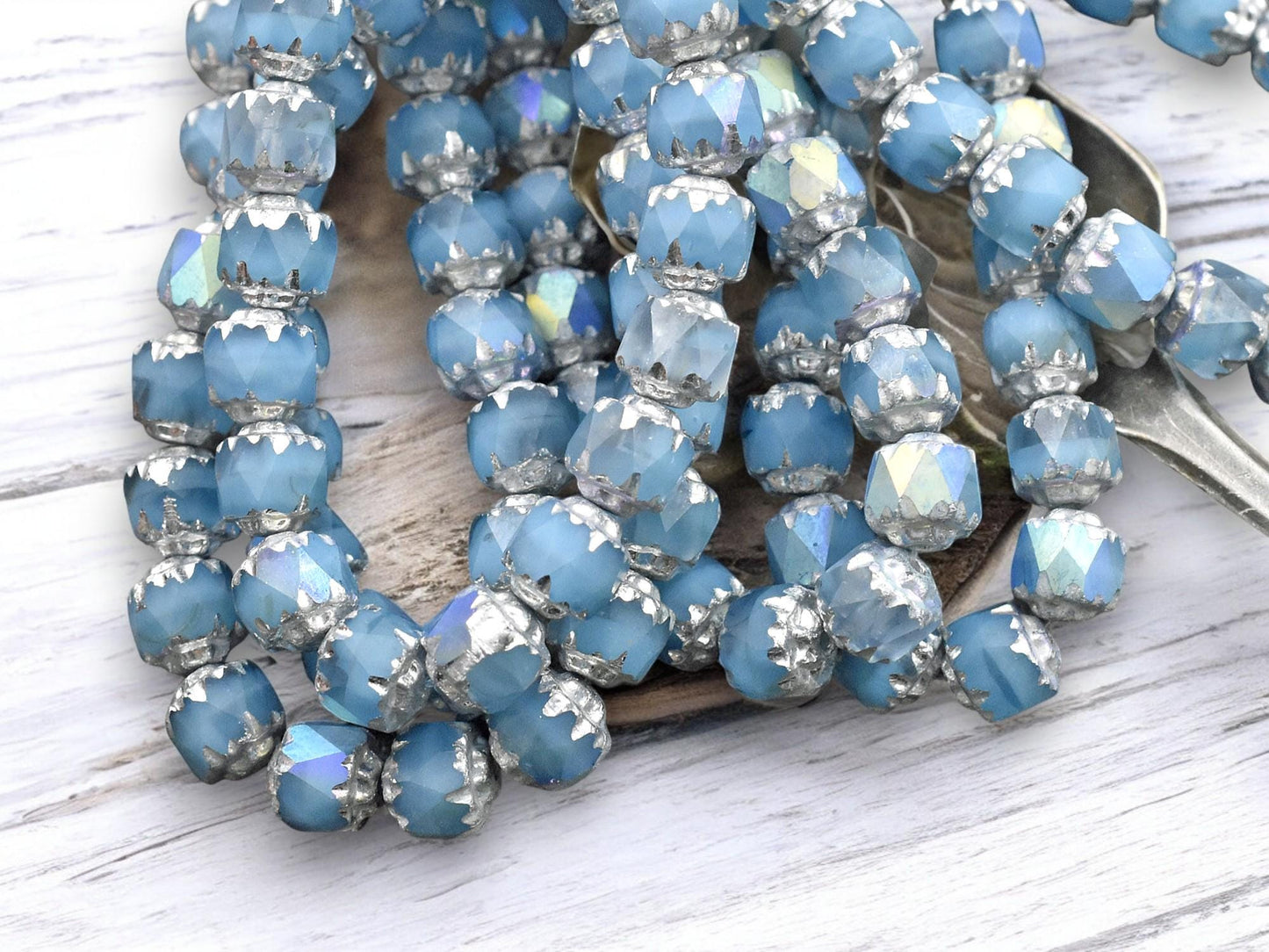 *20* 6mm Silver Washed Sky Blue AB Fire Polished Cathedral Beads