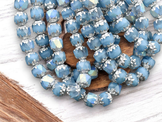 *20* 6mm Silver Washed Sky Blue AB Fire Polished Cathedral Beads