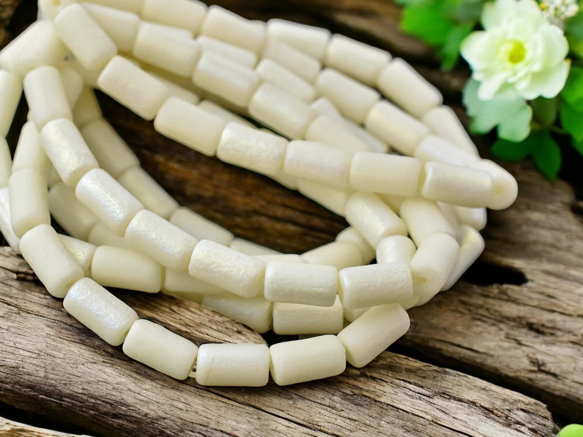 *16* 9x5mm Etched Ivory AB Luster Tube Beads