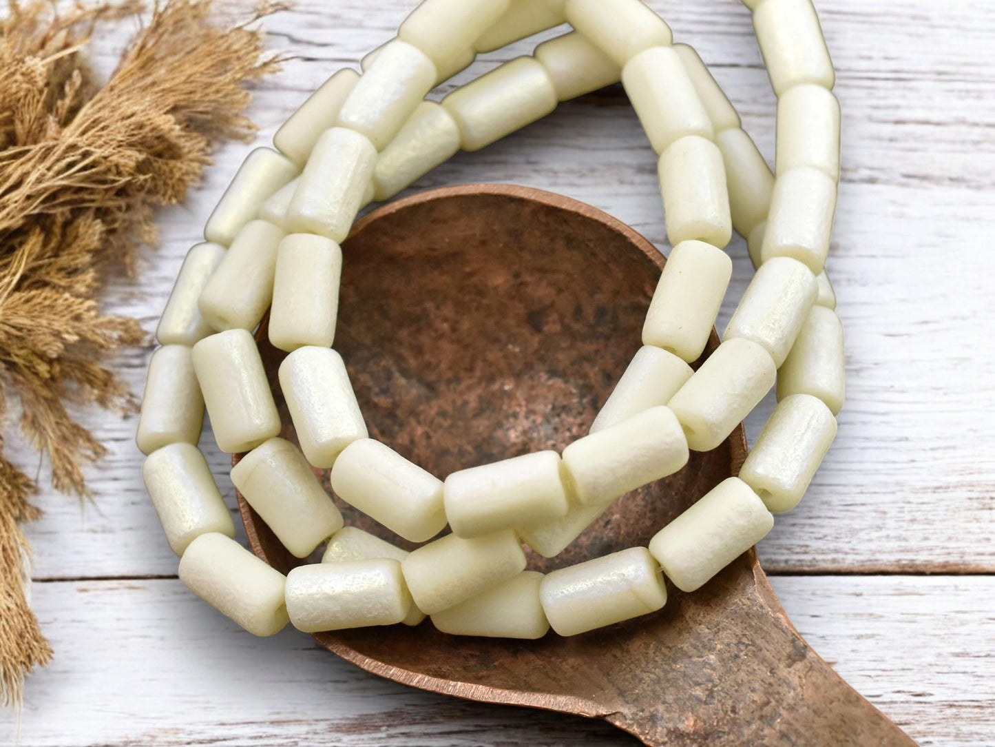 *16* 9x5mm Etched Ivory AB Luster Tube Beads