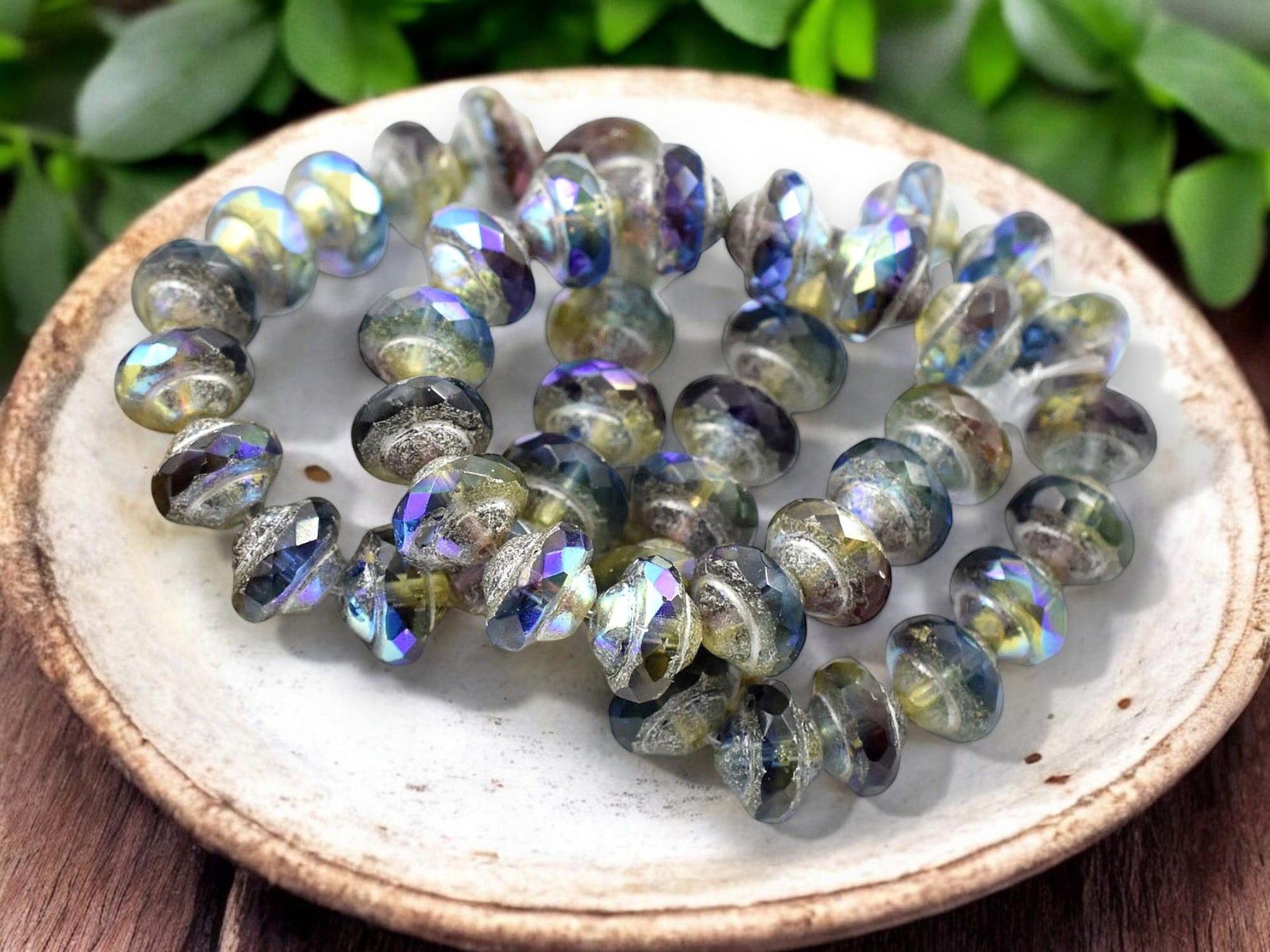 *15* 6x8mm Antique Silver Washed AB Washed Blended Saphire Amethyst Saturn Beads