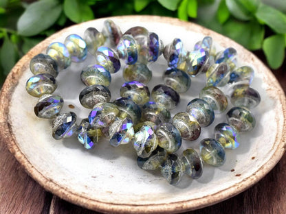 *15* 6x8mm Antique Silver Washed AB Washed Blended Saphire Amethyst Saturn Beads