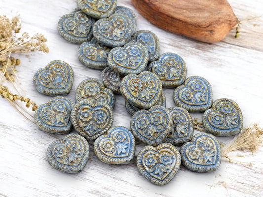 Heart Beads - Czech Glass Beads - Floral Heart Beads - Blue Beads - 17mm - 6pcs - (491)