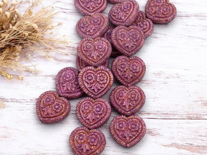 Heart Beads - Czech Glass Beads - Floral Heart Beads - Purple Beads - 17mm - 6pcs - (B155)