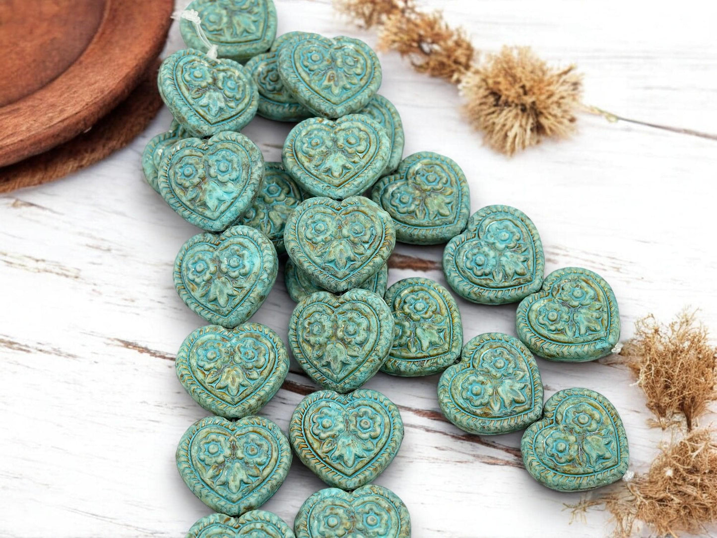 Heart Beads - Czech Glass Beads - Floral Heart Beads - Turquoise Beads - 17mm - 6pcs - (2952)